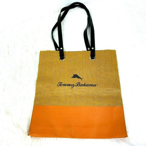 Tommy Bahama Bag Tote Straw Burlap Fall Autumn Colors Double Handles Spellout - Picture 1 of 6